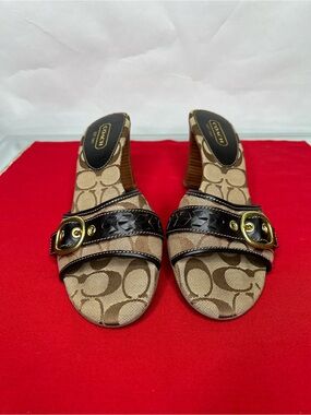 Coach Kamilah Brown Signature Canvas Slide Sandals with Buckle Detail A0137